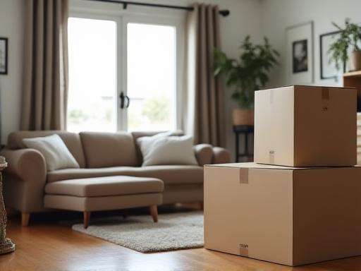 Residential living room with moving boxes